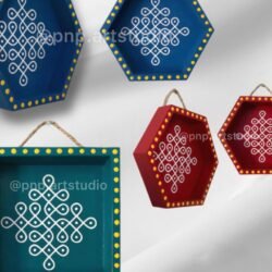 Handcrafted wall shelves with traditional kolam design