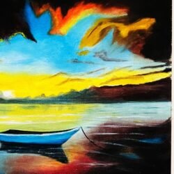 Hand painted sunset boat landscape wall art